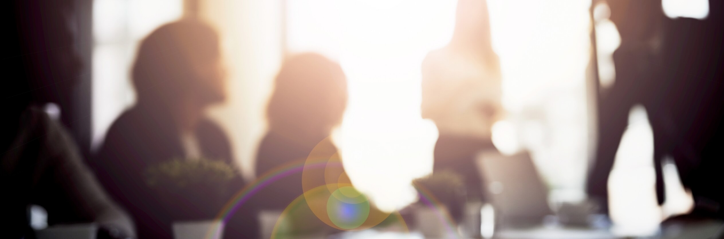 A group in a meeting, blurred by the sun shining through the window