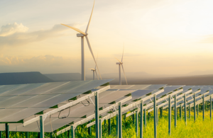 Image of solar panels and wind farm in background.