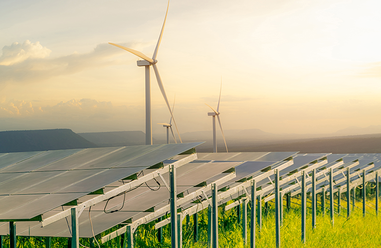Image of solar panels and wind farm in background.