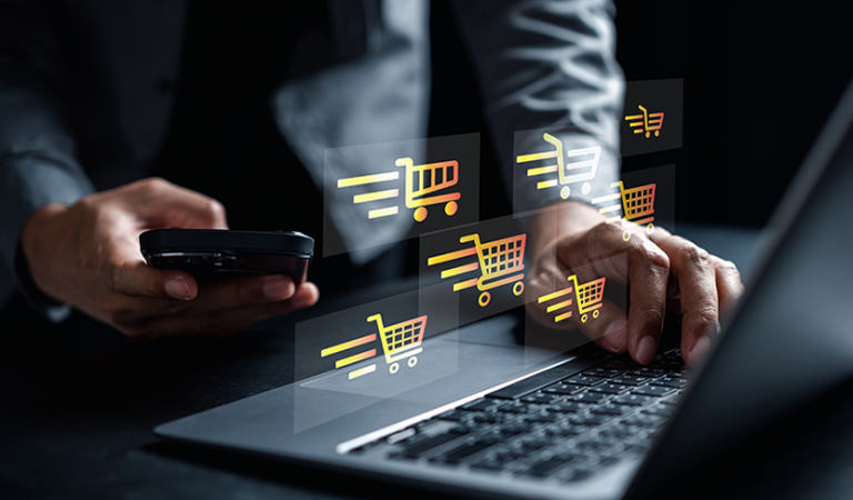 Online customer with overlay of abstract shopping delivery symbols