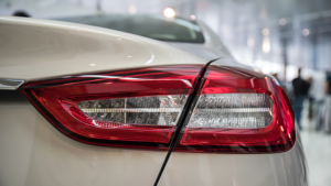 Closeup of tail light on car in dealership
